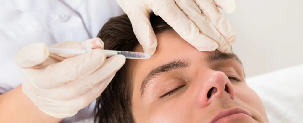 Na imagem que simboliza a estética masculina, um homem aparece realizando a aplicação do Botox em seu terço superior da face, ou seja, na região da testa.